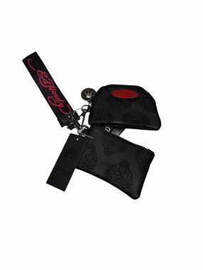 Ed Hardy Key Chain Wristlet Credit Card Holder Embossed Tiger Black NWT